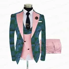 Костюм мужской зеленый с цветочным принтом, свадебный смокинг для жениха, облегающий пиджак, двубортный жилет, брюки, 3 предмета