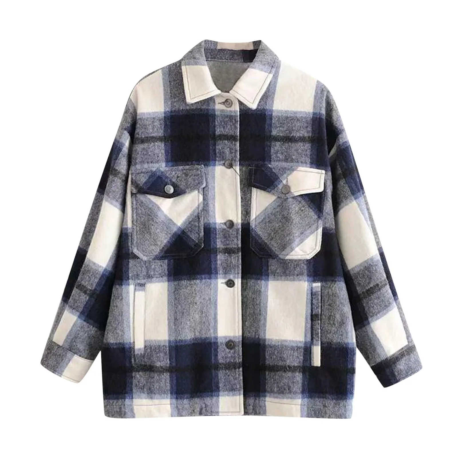

Fashion Plaid Coat Jacket Streetwear Women Autumn New Casual Outwear Veste Femme Pockets Long Sleeve Jackets куртка женская