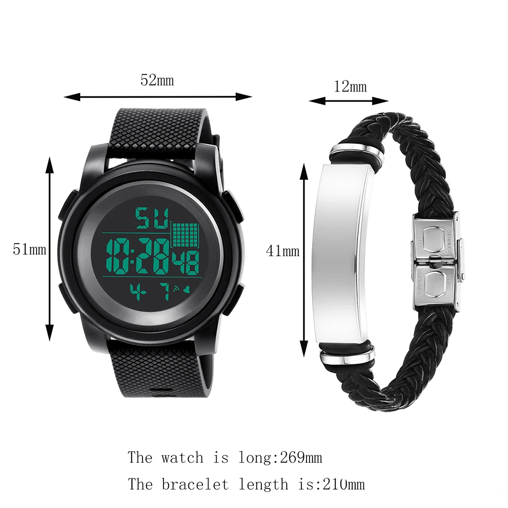 

2Pcs Men Sports Waterproof Electronic Digital Luminous Wrist Watch + Bracelet