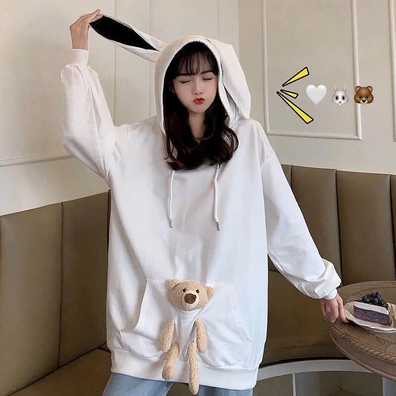 

Hoodies Women Autumn 2021 New College Style Design Sense Cute Bear Loose Mid-length Large Hooded Long-sleeved Sweatshirts Women