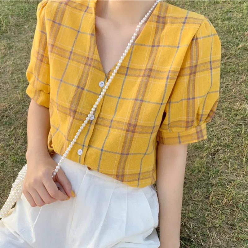 

Summer Fresh Style Women Blouse Shirt Fashion V-Neck Button Up Plaid Print Tops Blouses Blusas Female Casual Short Sleeve Shirts