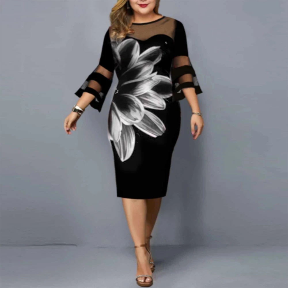

5XL 6XL Plus Size Summer Dress Fashion Floral Print Mesh See Through Sexy Party Dress Black Outfits Office Dresses