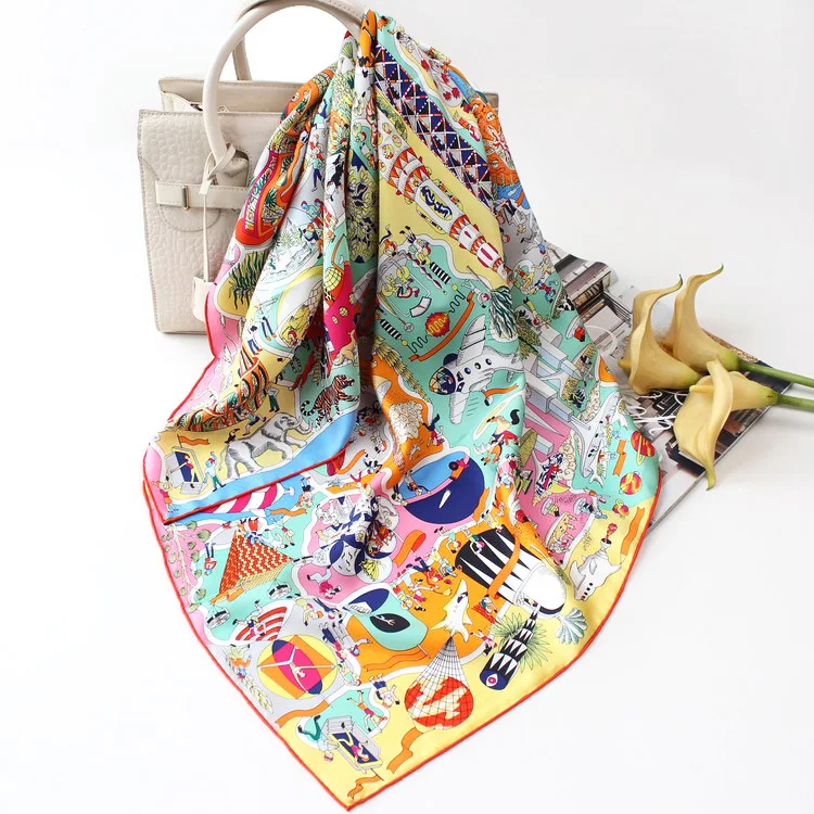

Amusement park Printing Scarf Women 100% Twill Silk Hand Rolled Edges 90*90cm 35''x35'' Ring Head Neck Scarf