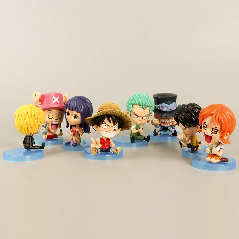 

8pcs/lot One Piece Ace Sabo Childhood Luffy Sanji Chopper Nami Roronoa Zoro Q Sitting Ver. PVC Action Figure Model Toy For Kids