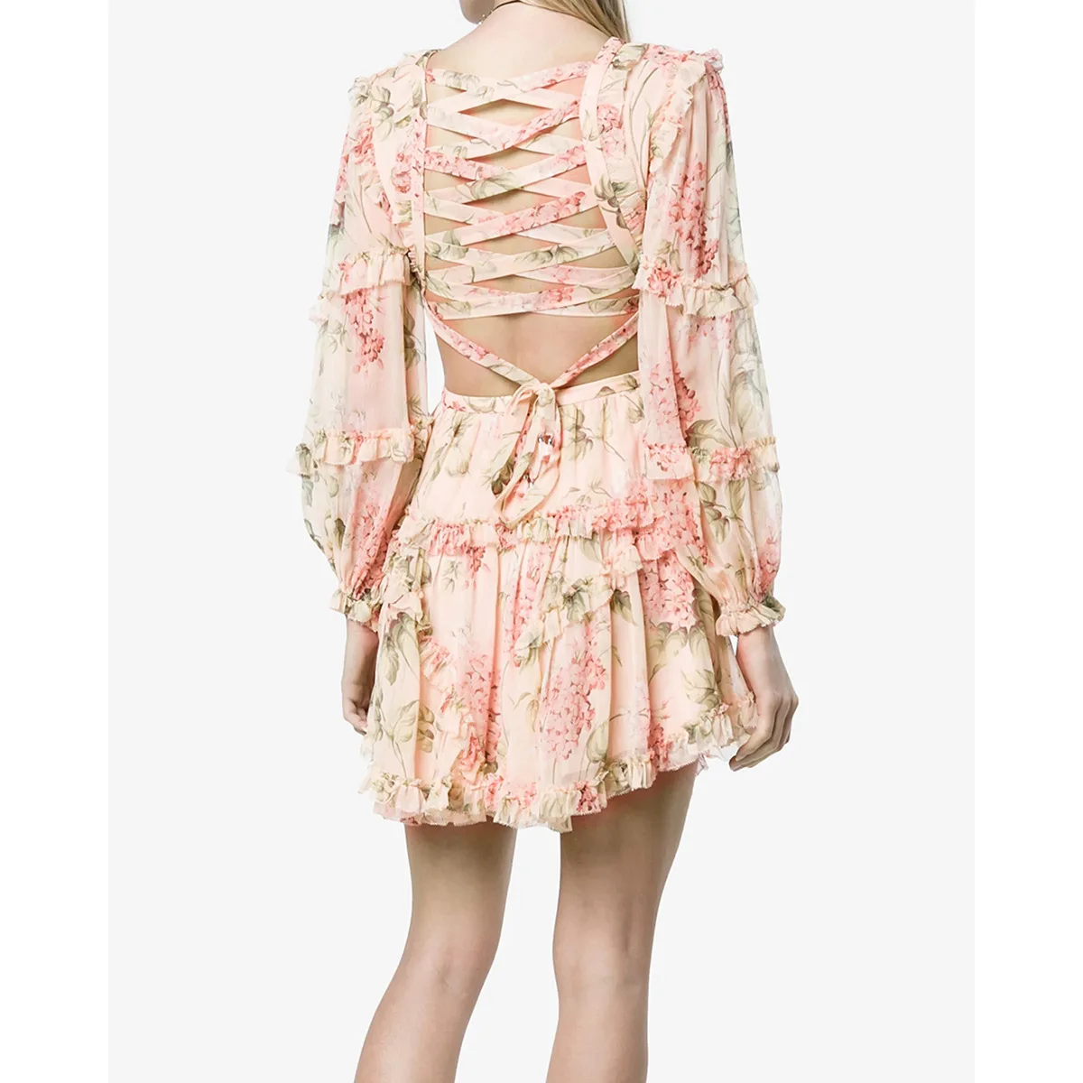 

2705 Summer Women Dress Cross Back Bandage Lace Backless V-Neck Sexy Show Waist Ruffle Print Retro Vogue Long Sleeve Dresses New