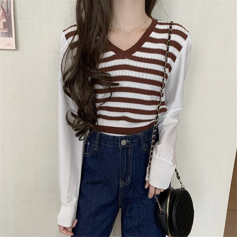 

Korean Spring Clothing Patchwork Striped Knitted Sweater Pullovers V-Neck Sweet Puff Sleeve Weater Tops Ladies Jumper Tshirt