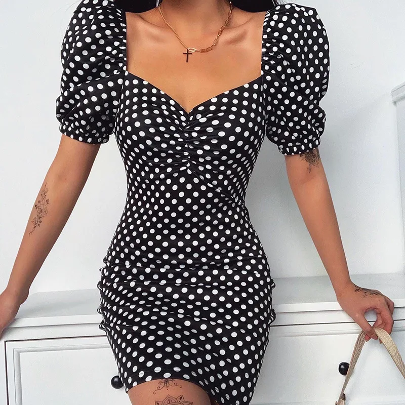 Женское платье в горошек черное/красное мини с коротким рукавом|Женские платья| |