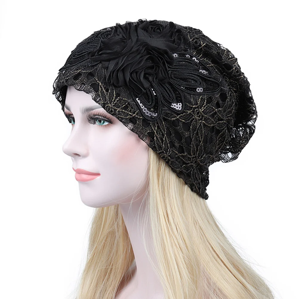 

Fashion Fall Winter Hollow Lace Flower Beanie Hat Double-deck (Black)