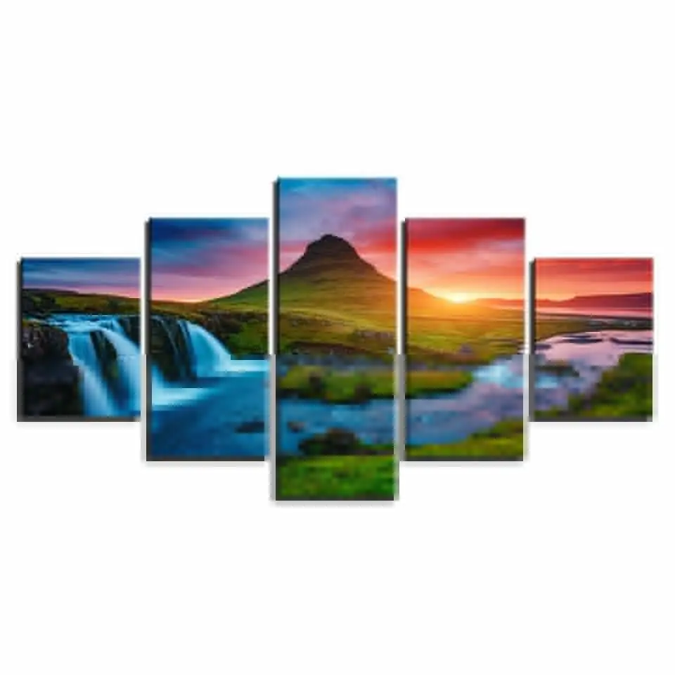 

5 Piece Poster Modular Waterfall Mountain River Nature Wall Art Canvas Paintings Wall Decorations for Living Room