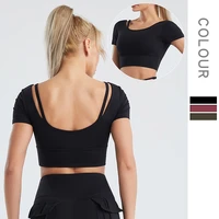 woman yoga clothes sexy back yoga crop top bra inner padded fitness short sleeve quick dry running sports t shirt sportswear