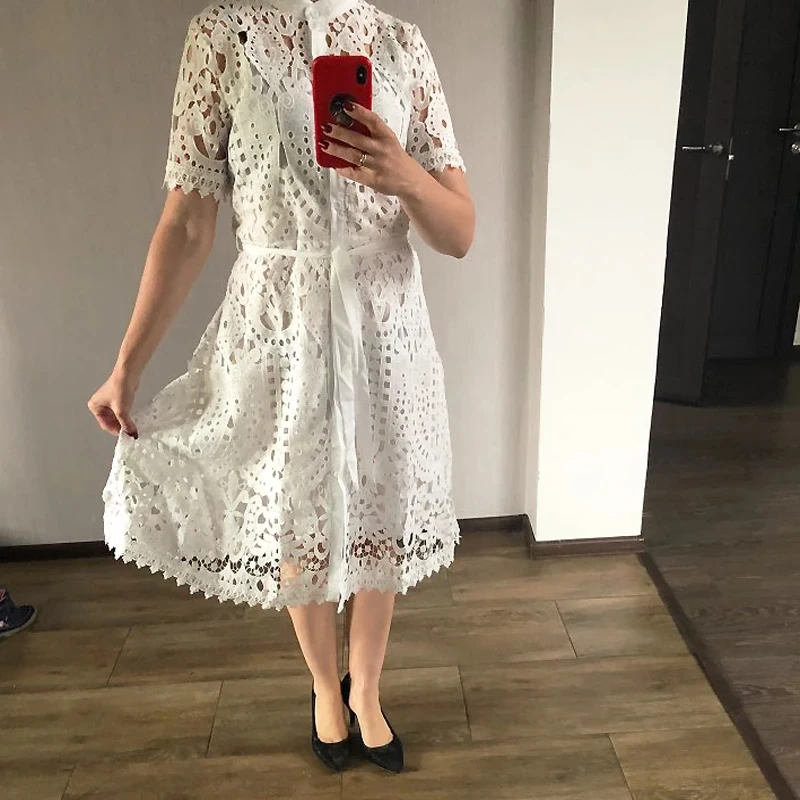 

Women Office Lady Dress Summer New Solid O-Neck Sashes Empire Hollow Out Dresses Slim Sweet Chic Fashion Temperament lace Dress