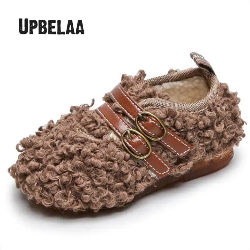 

New Winter Kids Shoes Plush Warm Princess Girls Fluff Loafers Baby Toddler Casual Shoes Flat Children Cotton Peas Shoes Non-slip