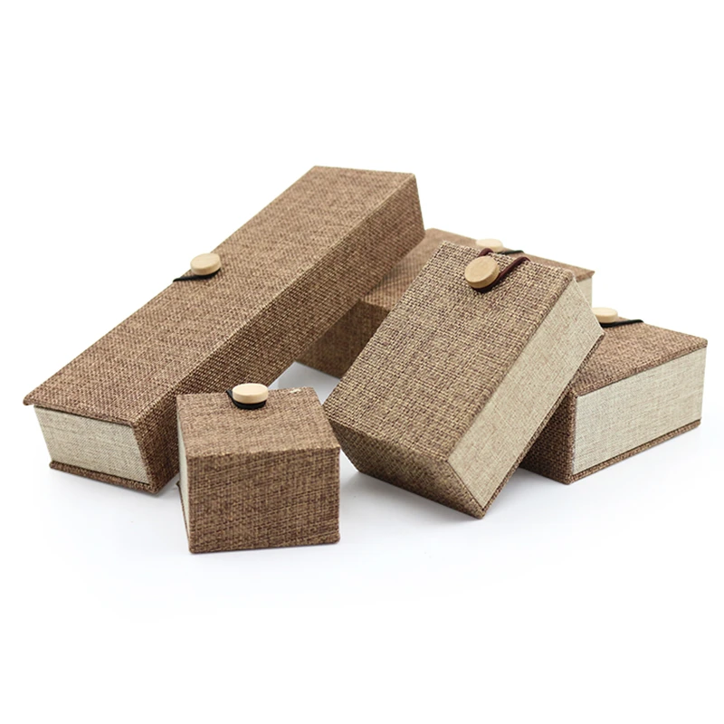 Wooden Buckle Design Linen Jewelry Ring Pendant Bracelet Long Chain Box With Built-in Plush Card Slot Dimensional Colored Paper