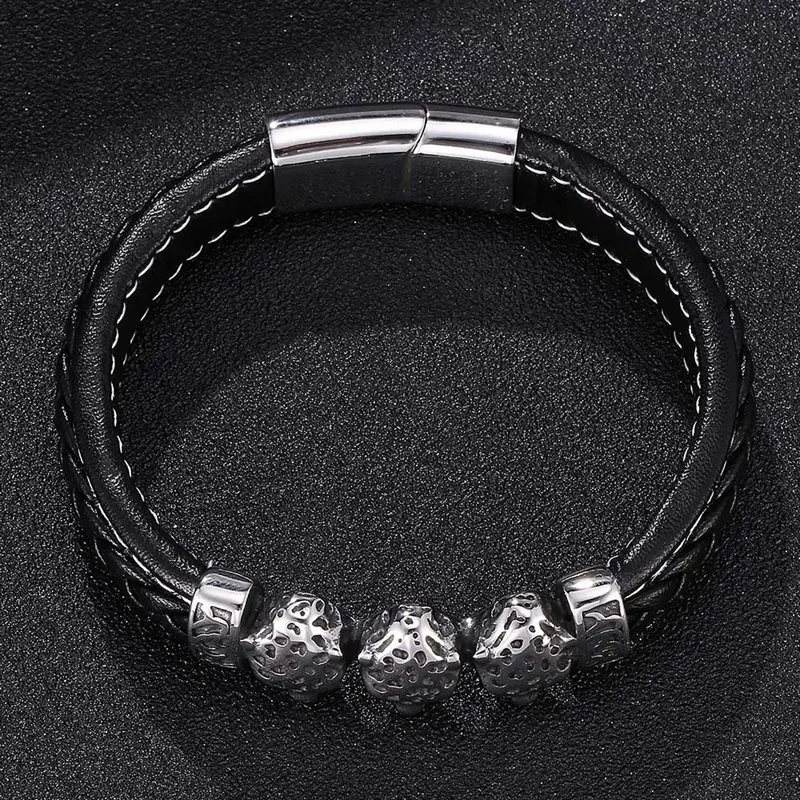 Personality Stainless Steel Leopard Head Accessories Black Leather Bracelets Men Woven Bracelet For Birthday Jewelry Gift PD0193 | Украшения