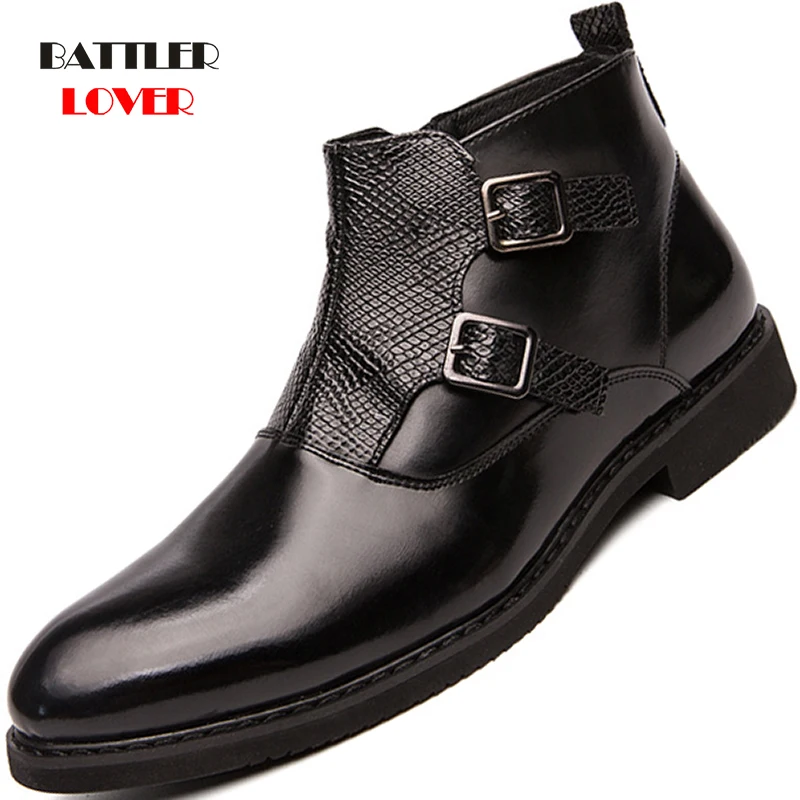 

Retro Original Men Leather Boots Pointy Brogue Italian Zipper Man Dress Shoes for Male Side Buckle Elegant Decent Formal Shoes