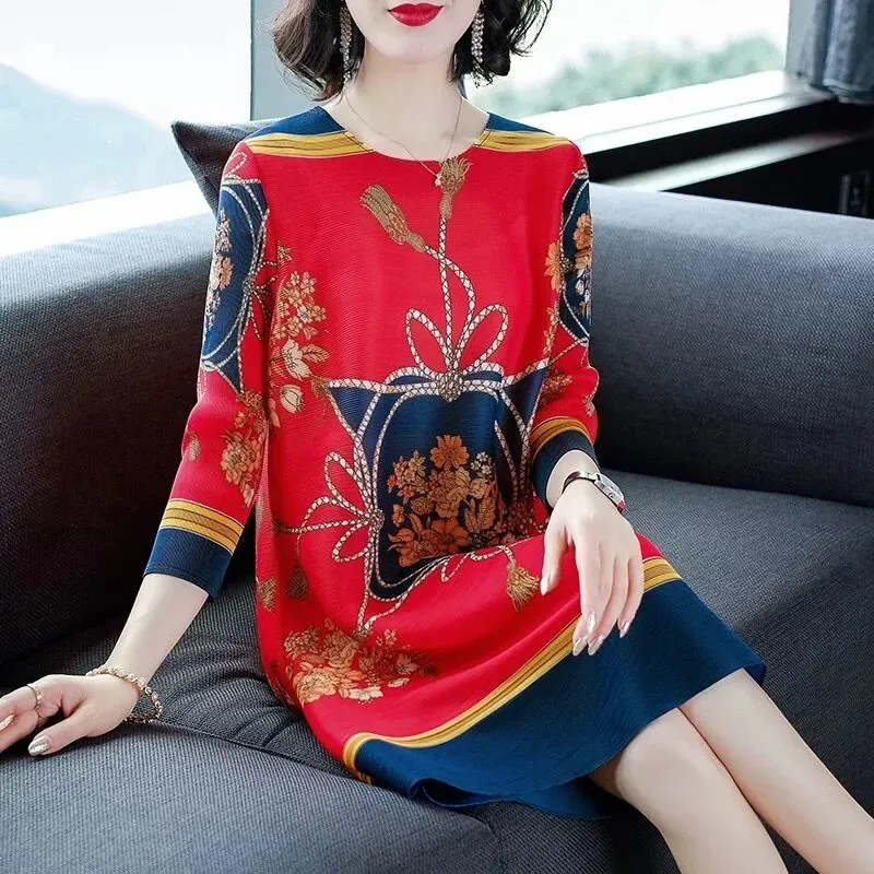 

Middle-aged Females Summer Dress 2021Women Fashion All-Match Loose Large Size Dress Middle-aged Mom Printing Splicing Dress A870