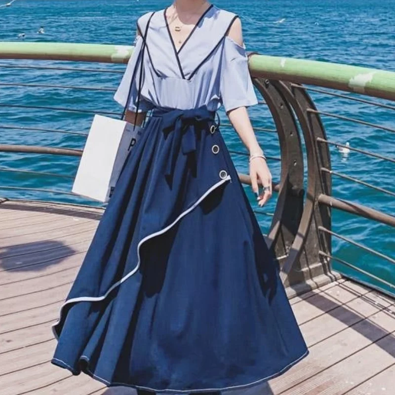

Women's Retro Strapless Dress Summer and Korean Style Irregular Stitching Small Fresh Temperament Waist Long Skirt
