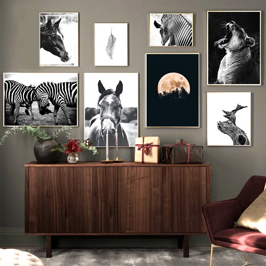 

Black White Lion Horse Zebra Tree Wall Art Canvas Painting Nordic Posters And Prints Animal Wall Pictures For Living Room Decor