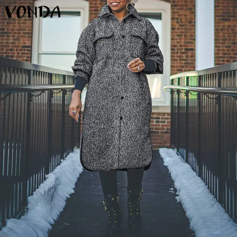 

Women Pleated Jackets VONDA Autumn Winter Solid Long Sleeve Coats Veste Femme Long Overcoats With Pockets Elegant Outerwears