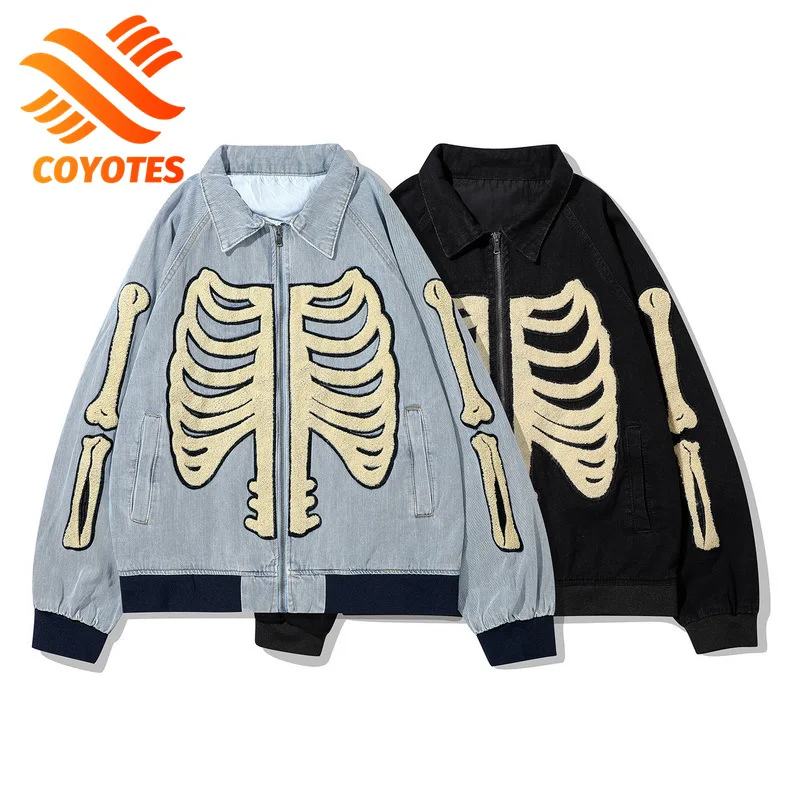 

COYOTES Mens Streetwear Baseball Jacket Bone Skulls Embroidered Denim Jackets Women Harajuku Casual Bomber Winter Coat