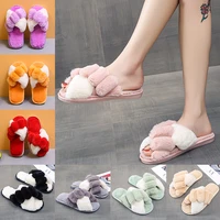 warm fluffy slippers women faux fur cross indoor floor slides flat soft furry ladies female non slip house shoes