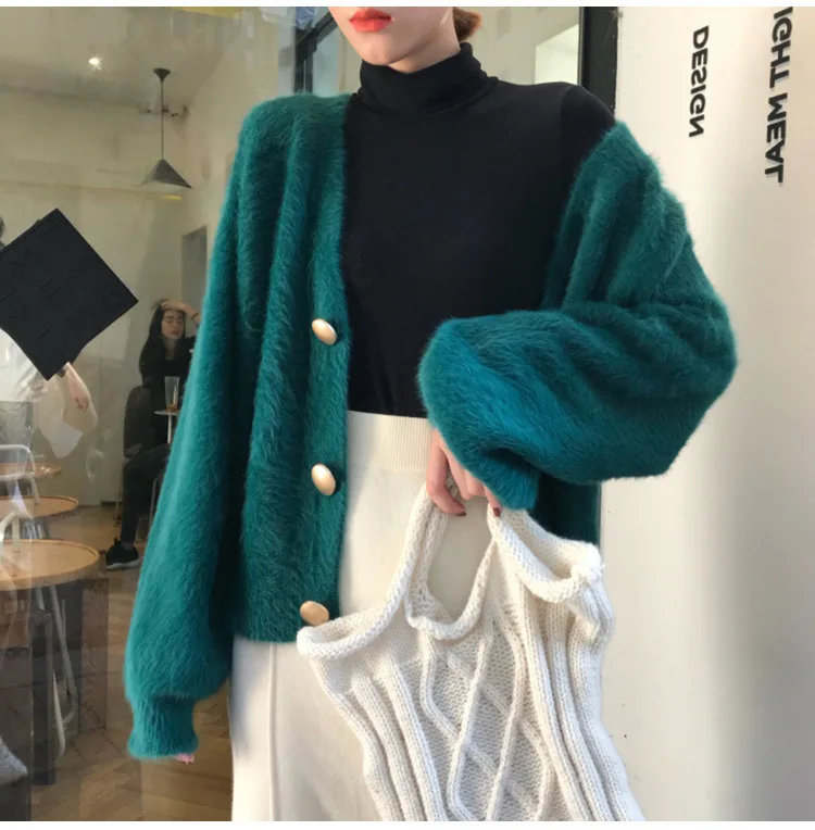 Cardigan Solid Color Button Loose Hot Sweater Autumn Warm Winter New Puff Sleeve Female v-neck Sweaters Vestidos LXJ772 |