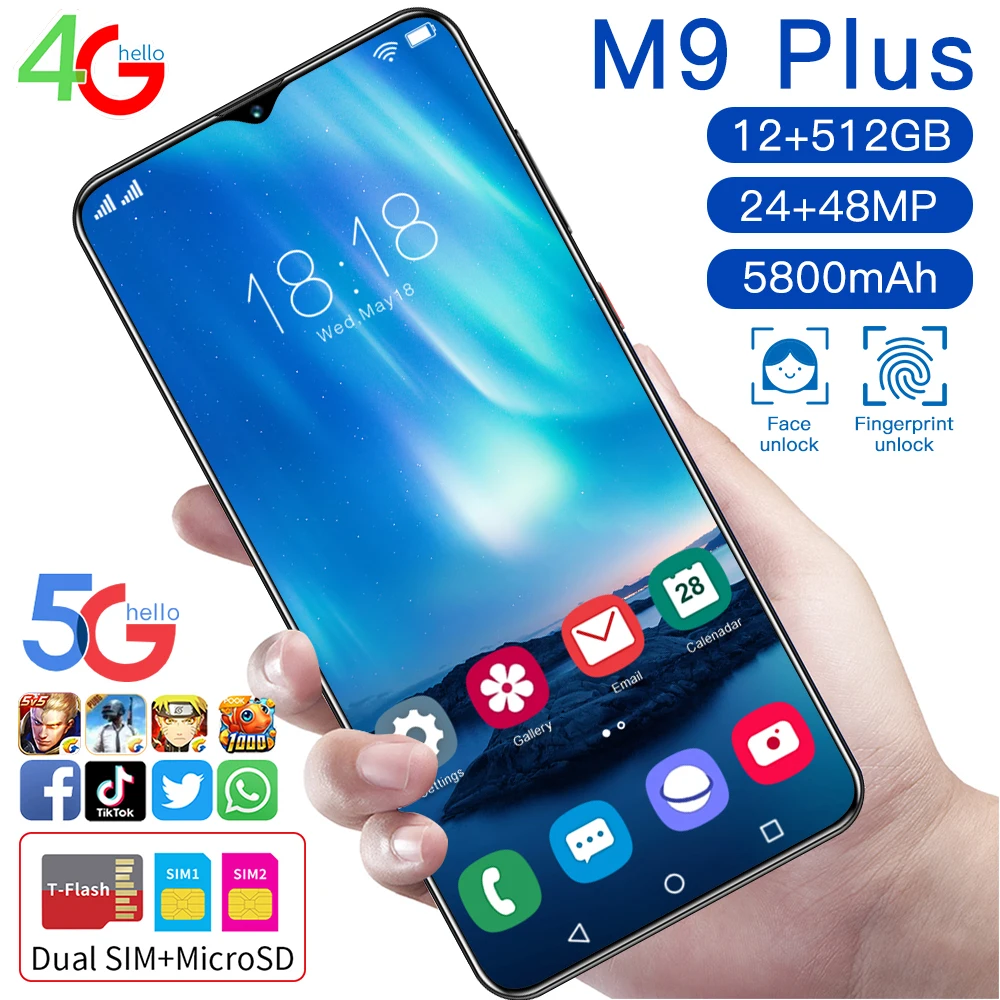 

M9Plus Smartphone 7.0" HD Screen 5800mAh 12 512GB Dual SIM Face Fingerprint Unlock 5G LTE Android10 Core CellPhone Newest Global
