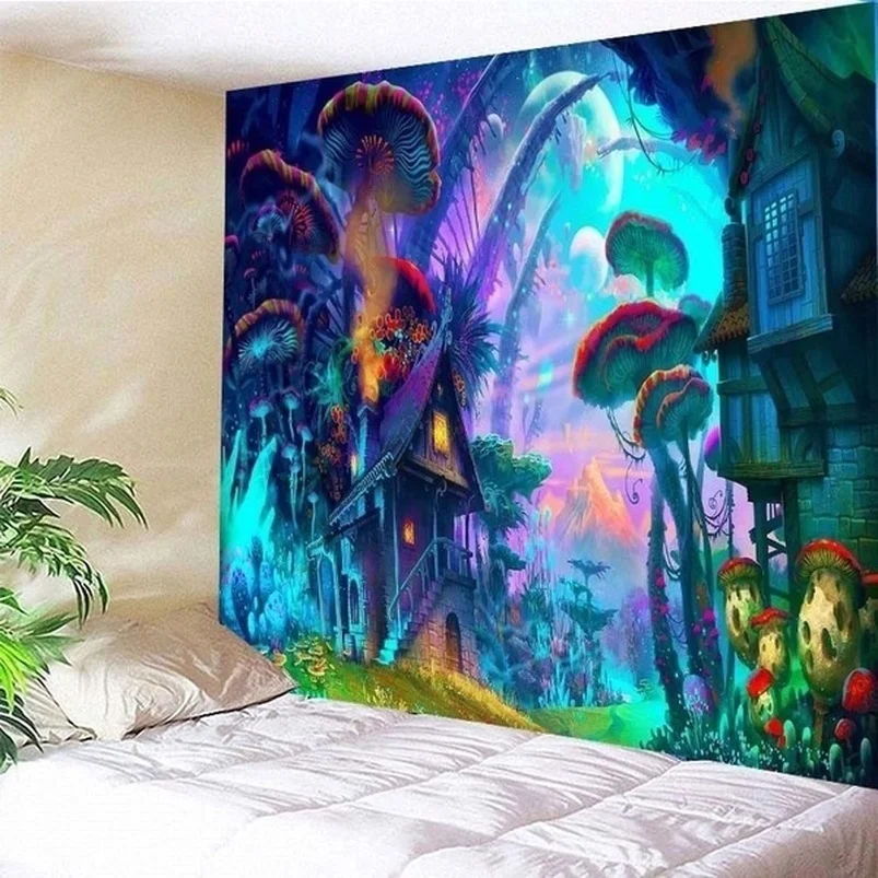 Гобелен на стену 3D психоделический сказочный с рисунком грибов 95x70 см/150x150 см/200x150