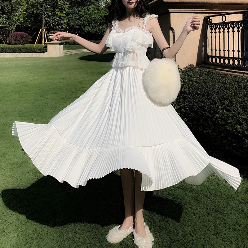 

2020 Women Soild Chiffon Ruffles Top + pleated skirt suit 2 set piece Clothing Sets Pretty Polyester skirt Suits Baita skirt