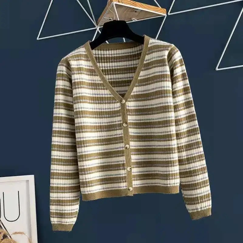 

Women's Jacket Striped Long Sleeve Button Down V-Neck Classic Sweater Knitted Cardigan Vintage Korean Tops Female Coat Sweter