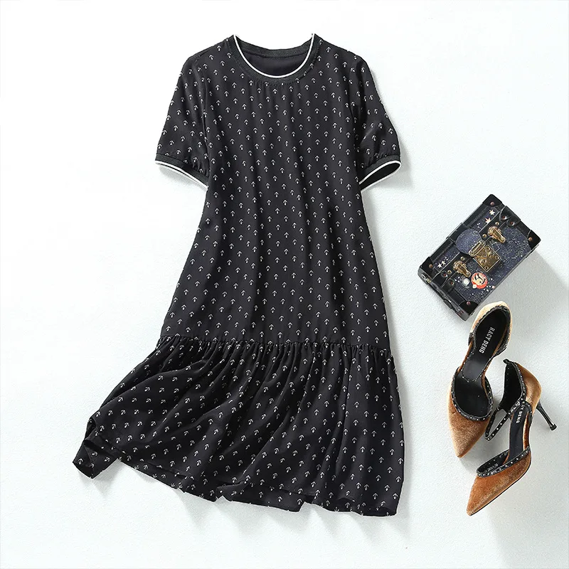 

72912 silk dress women's summer new age reducing comfort screw neck stitching anchor print A-line skirt large