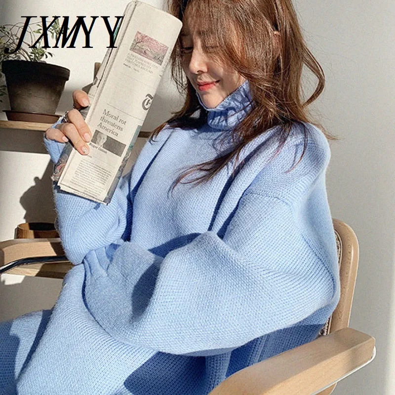 

JXMYY 2022 Fashion Casual Simple Turtleneck Sweater Women's Fall/Winter Loose Lazy Blue Turtleneck Thick Knit Sweater Jacket