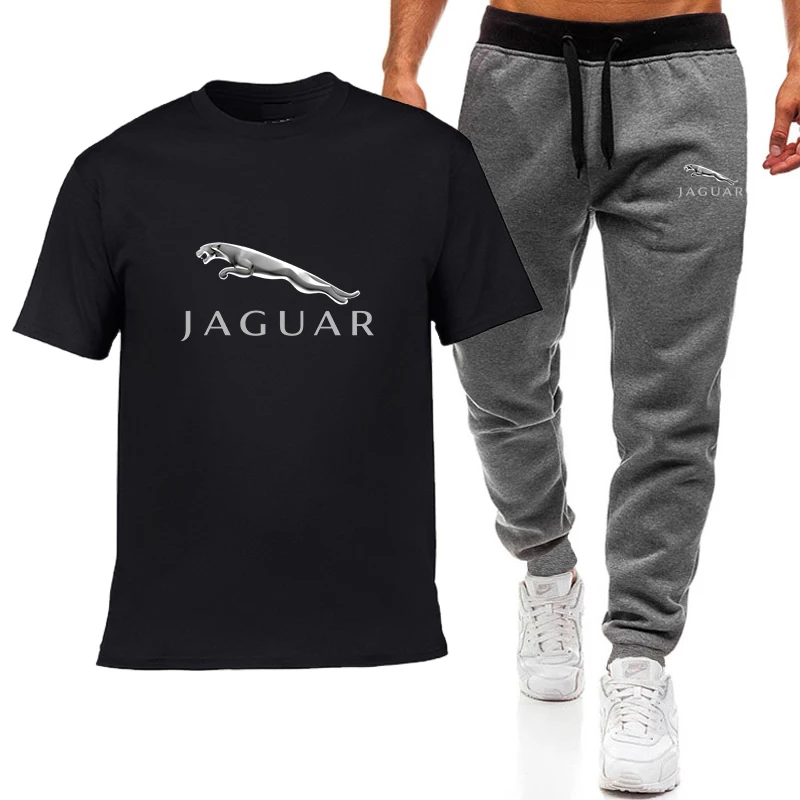 

Fashionable summer men's T-shirt suit Jaguar logo printed cotton T-shirt casual high street short sleeve polyester pants suit