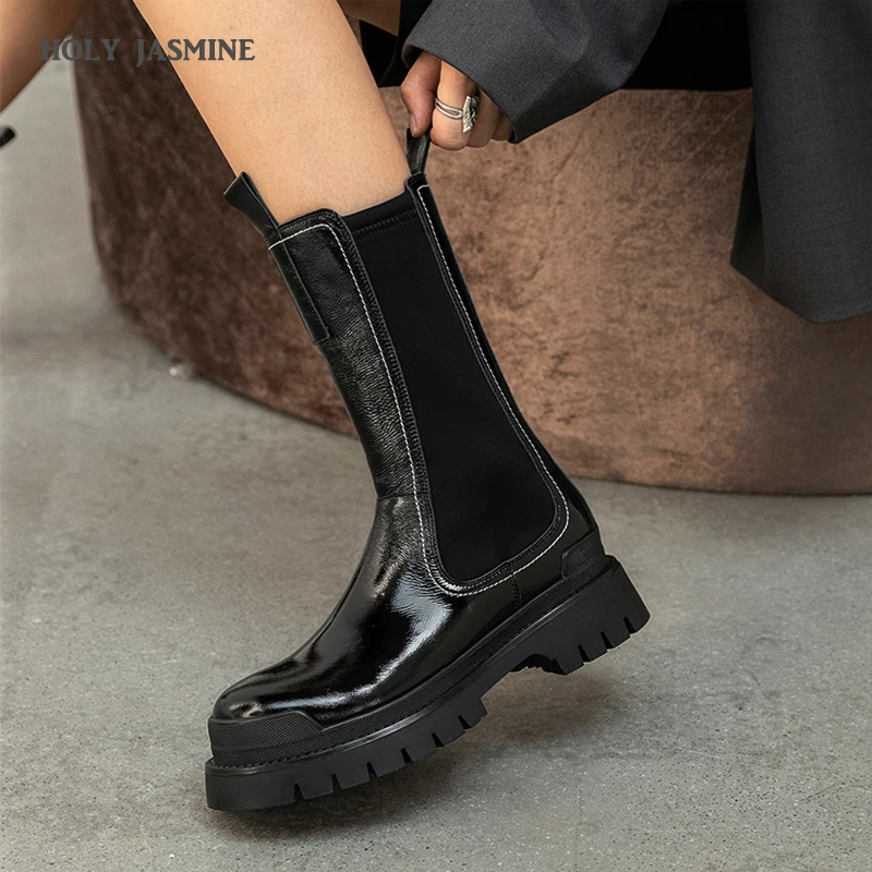 

HOT Genuine Leather Women Boots Spring/Autumn Mid-Calf Cow Patent Leather Chelsea Boots Slip-On Med (3cm-5cm) Rubber