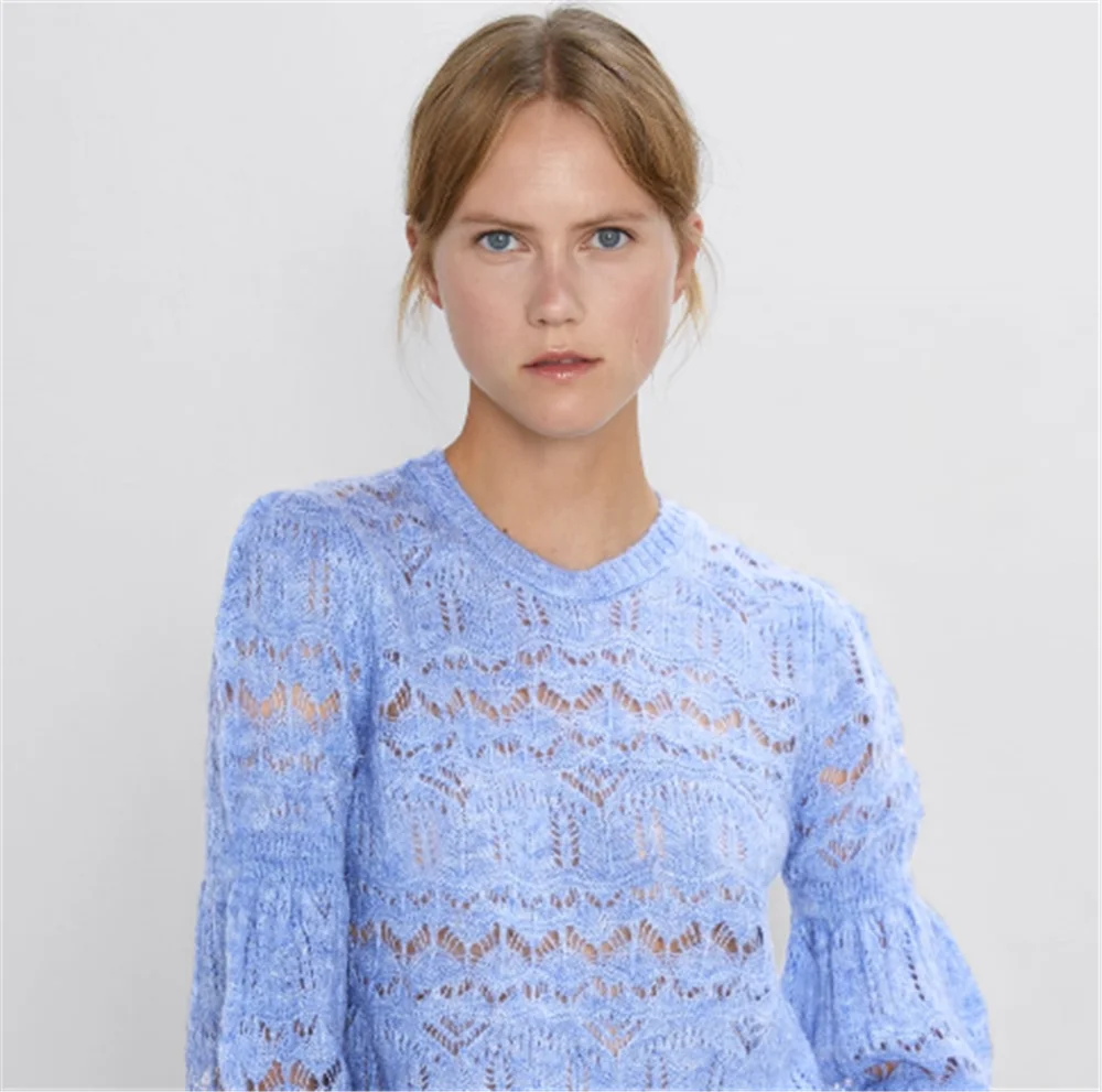 2019 ZA Women's Sweater Fashion New Autumn Hollow Bohemian Round Neck Long-sleeved Party Gift | Женская одежда