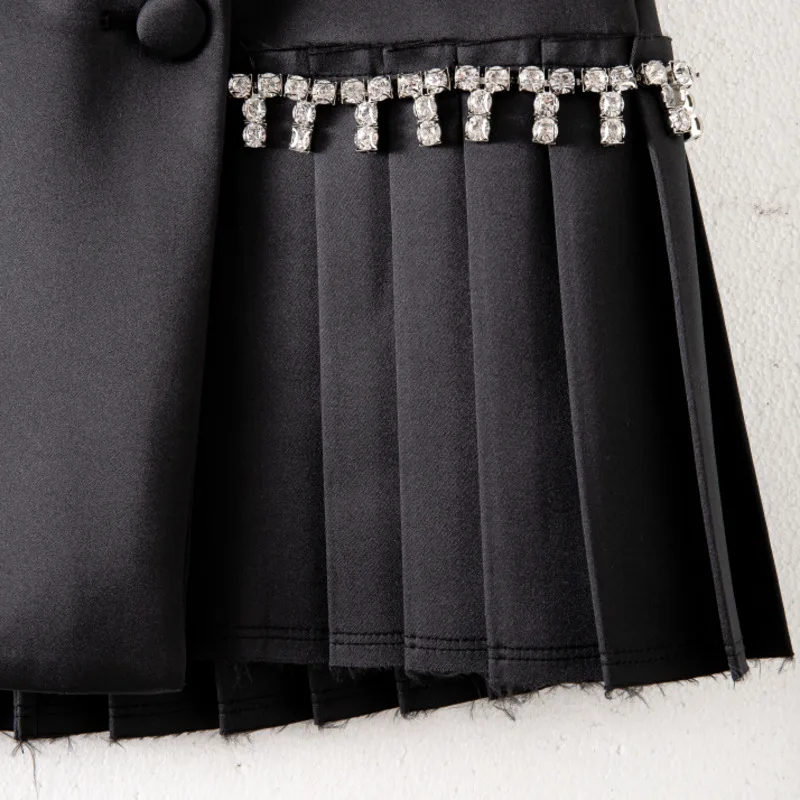 

DEAT High Elastic Waist Half-body Skirt Black Patchwork Folds Diamonds Chain Women Slim Fit Fashion Tide New Summer 2021 7E643