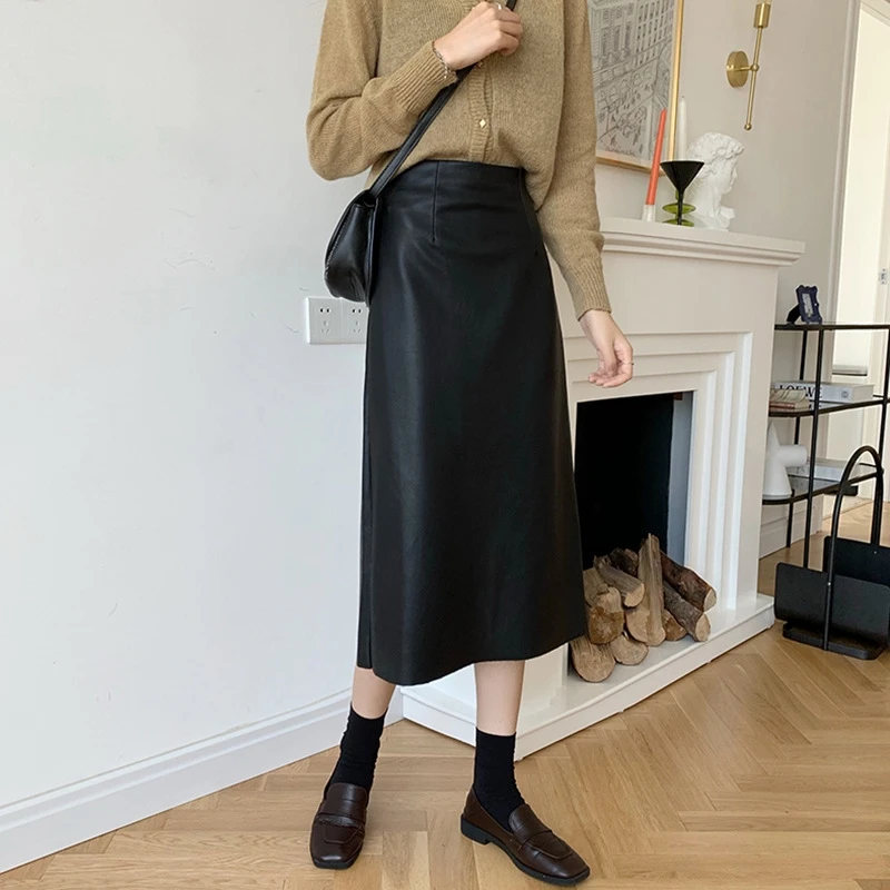 

Spring New PU Faux Leather High Waist Vintage Skirt Chic Umbrella Split Skirt