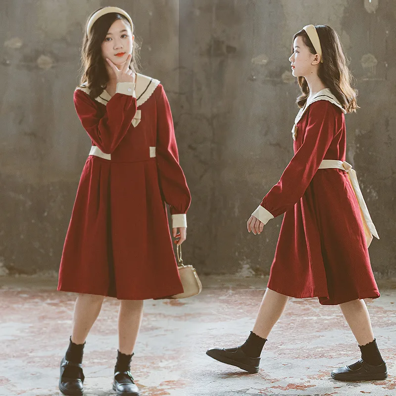 

New Autumn Dress Sailor Collar Korean Princess Dresses Girls Christmas Kawaii Preppy Long Sleeve Bowknot Dress Children Clothes