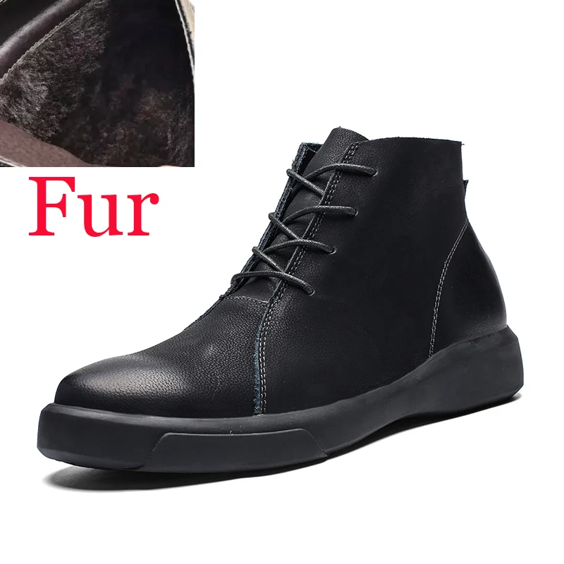 Black With fur Брендовые мужские ботинки; теплые меховые ботильоны; мужские мотоциклетные ботинки из натуральной кожи; Повседневная Уличная Мужская зимняя обувь - Цвет: Black With fur