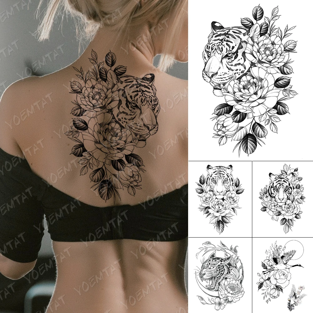 

Waterproof Temporary Tattoo Stickers Line Tiger Leopard Peony Flower Flash Tattoos Female Sketch Arm Chest Body Art Fake Tatoo