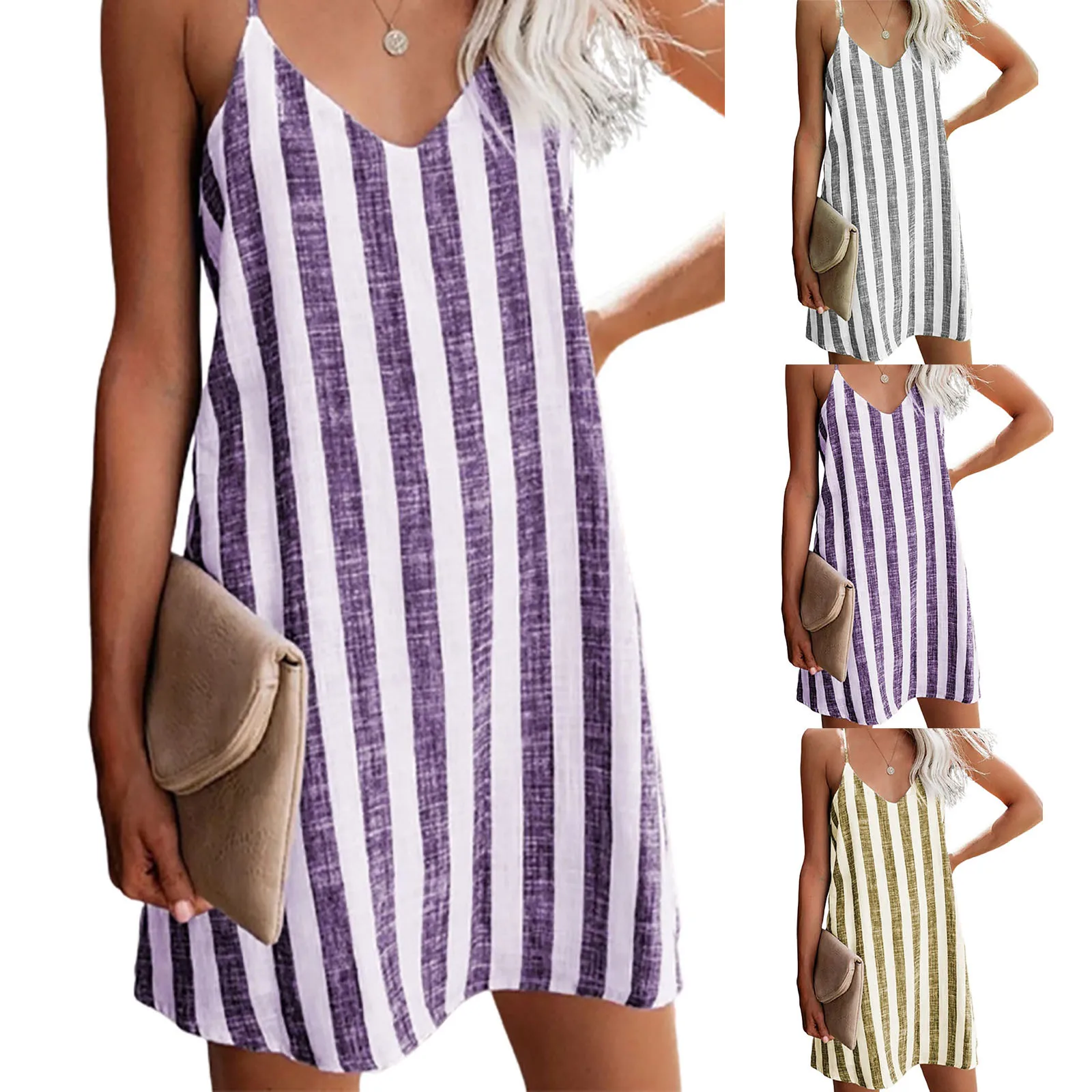 

Women Fashion Loose Striped Camisole Dress Ladies Sexy V-neck Lightweight Beach Swimm Dress 2021 Female Sleeveless Mini Vestidos