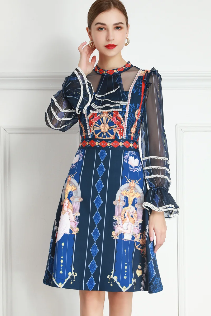 

2021 Spring Summer New Women's Clothing European Style Fashion Ruffles See-through Flared Long-Sleeved Dress Retro Printed Dress