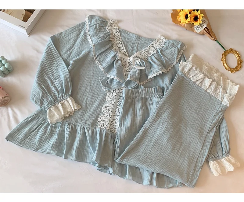 

Court Style Sleepwear Women Spring/Summer Cotton Long-Sleeved V-neck Sweet Lace Nightwear Korean Cute Princess Fairy Pajamas Set