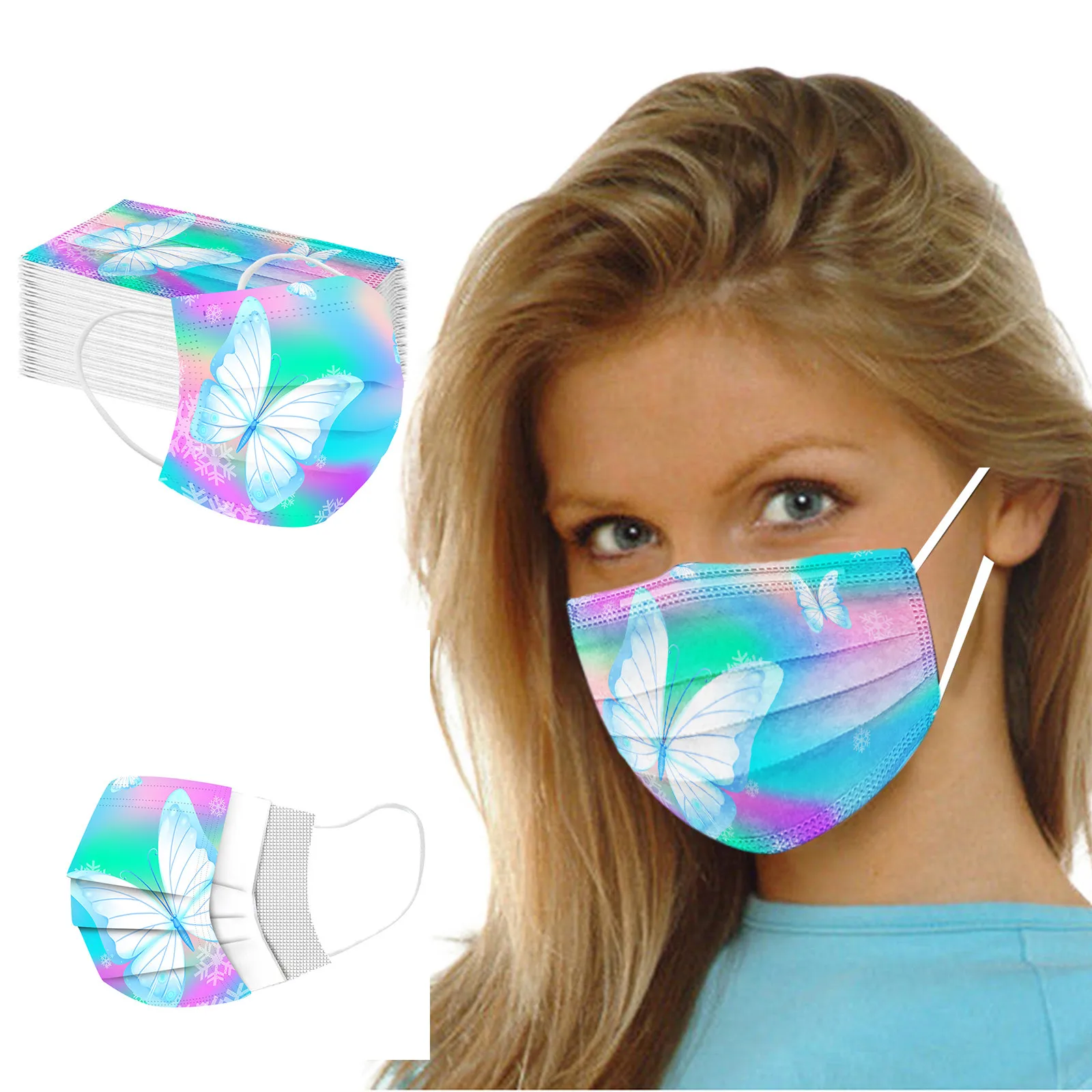 

50PC Adult'S Mask Disposable Protective Fashion Fluorescent butterfly pattern Printed Face Mask Masque Masken mascarillas