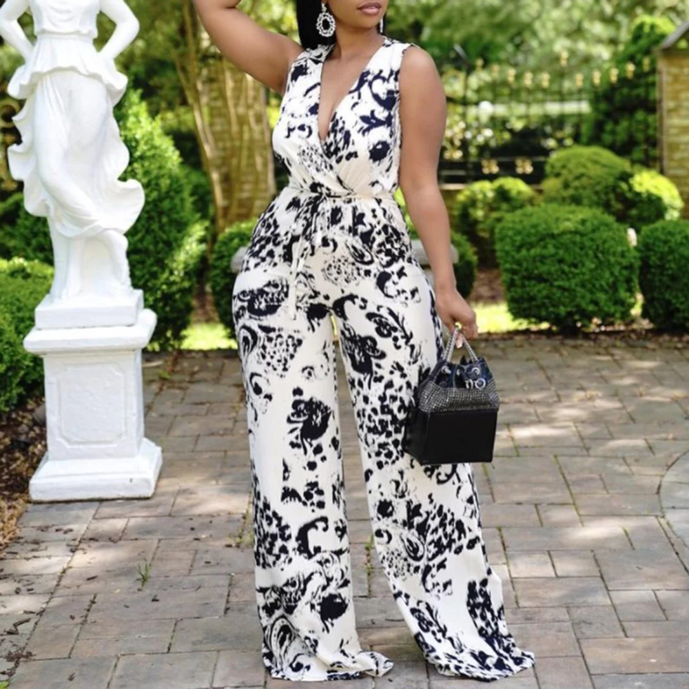 

Europe America Women's African Jumpsuit Deep V-neck Printing Loose High Waist 2021 Summer New Casual Temperament
