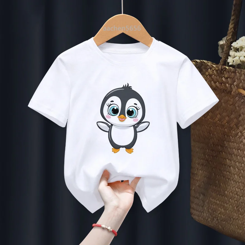 2022 New Funny Cartoon White Kid Cute Penguin T-shirts Boy Animal Tops Tee Children Summer Girl Gift Present Clothes,Drop Ship
