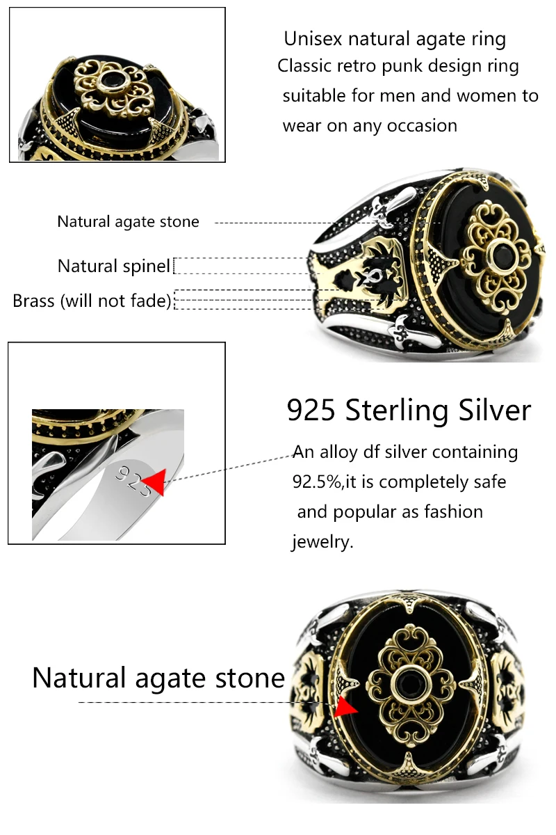 

Genuine New Natural Agate 925 Silver Men's Ring Middle East Machete Coconut Tree Retro Turkish Ring Jewelry Two-color Exquisite