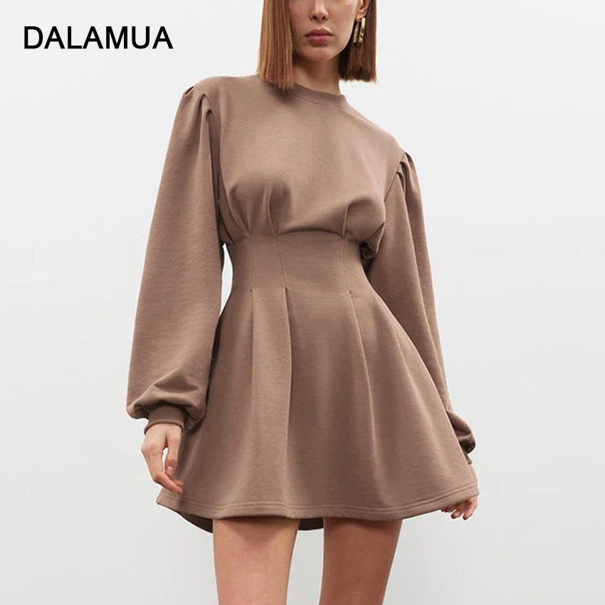 

2022 Spring Tunic Dress Office Ladies Long Sleeve O-Neck Solid Brown Elegant High Waist Pleated Fashion Women Mini Dress Knitted