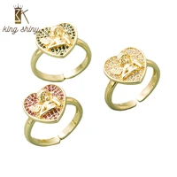 king shiny trendy heart shape copper open rings chic gold plated cubic zirconia angel resizable finger rings girls party jewelry
