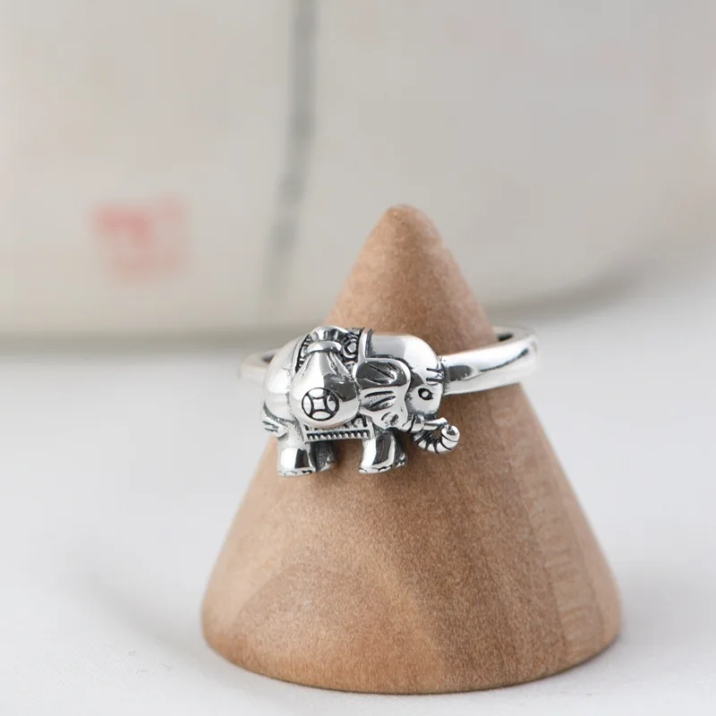 

S925 Sterling Silver Vintage Elephant Adjustable Finger Rings Retro Animal Wrap Finger Rings for Women Teen Girls Jewelry